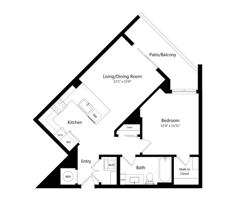 Floor plan for 1 bed, 1 bath, 670 sqft